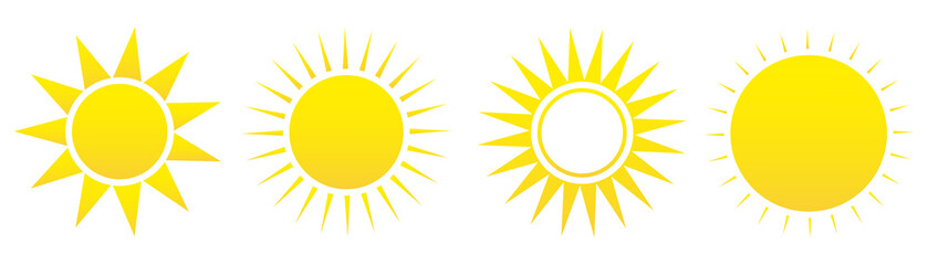 Sun icon set. Weather sun icon. Yellow sun star. Summer elements for design. Vector illustration