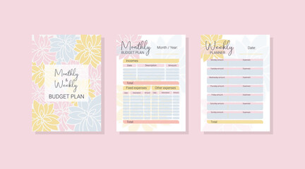 Monthly, weekly budget planner. Planner cover. Format A4. Business management logbook. Task planner checklist. Vector graphic set for budget organization. - obrazy, fototapety, plakaty