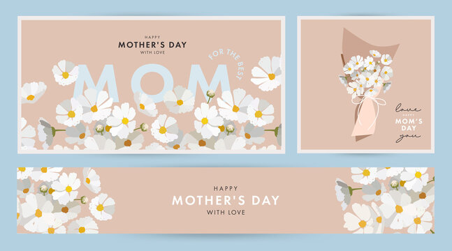Mother's day design Set in modern art style. Abstract background with hand drawn daisy spring flowers in pastel colors and trendy typography on blue. Mothers day templates for card, cover, web banner