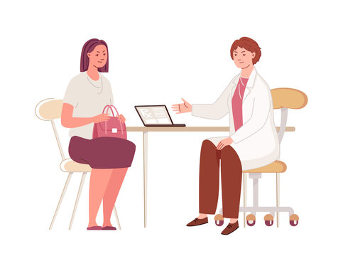 Woman in doctor's office. Physician consults female patient, writes out prescribe pills. Vector characters flat cartoon illustration.