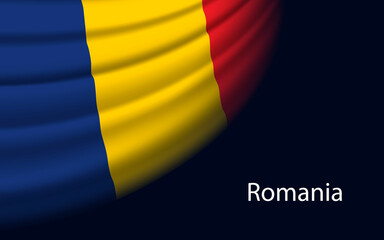 Wave flag of Romania on dark background. Banner or ribbon vector template