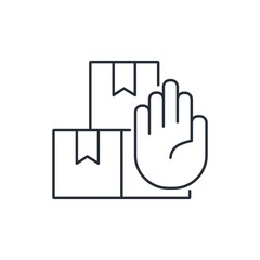 Shipping commodity packages and open hand gesture. Stop sending. Vector linear icon isolated on white background
