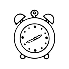 Retro alarm clock line art. Metal clock with wake up sound. Hand drawn graphic vector illustration. Isolated simple doodle element.