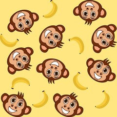 Decorative pattern with bananas and smiling monkey heads on a yellow background