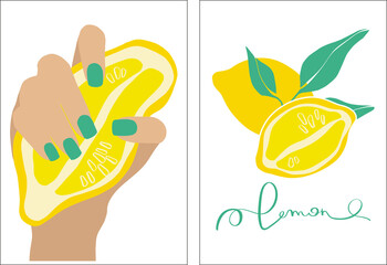 Lemon in modern style. A woman's hand with a manicure holds a lemon. Vector illustration poster set. Modern contemporary fashion vector illustration. Minimal abstract background. Print design.