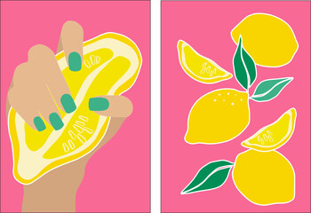 Lemon in modern style. A woman's hand with a manicure holds a lemon. Set of vector illustrations on a pink background. Modern contemporary vector illustration. Minimal abstract background. 