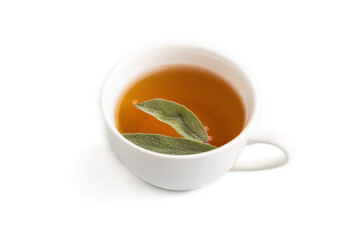 Cup of green herbal tea isolated on white, side view, close up.
