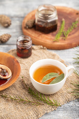 Pine cone jam with herbal tea on gray, side view, selective focus.