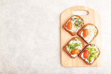 Red beet bread sandwiches with cream cheese, tomatoes and microgreen on gray. top view.