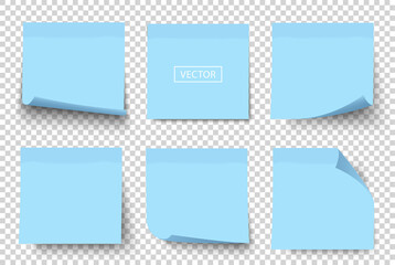 Blue vector 3d post-it, post note set. Square blue stickers collection. Curled paper sheet corner. Stationery.  Blank sticky label collection isolated on transparent background. Web banners for text. - obrazy, fototapety, plakaty