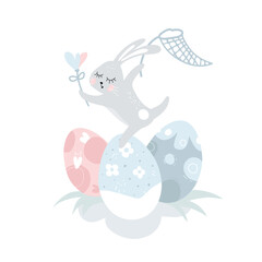 Easter egg hunt. Cute bunny, easter painted eggs. Beautiful rabbit with heart flower, sweep-net. Easter greeting card, print, banner, poster template. Pastel color decorative childish print, pattern.