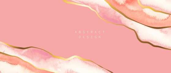 Fototapeta premium Beige, pink watercolor vector background. Golden lines, waves. Abstract watercolor washes, forms. Elegant, shiny, chic card, cover, art design