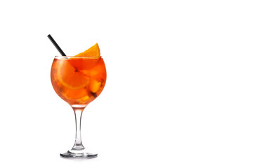Glass of aperol spritz cocktail isolated on white background. Copy space
