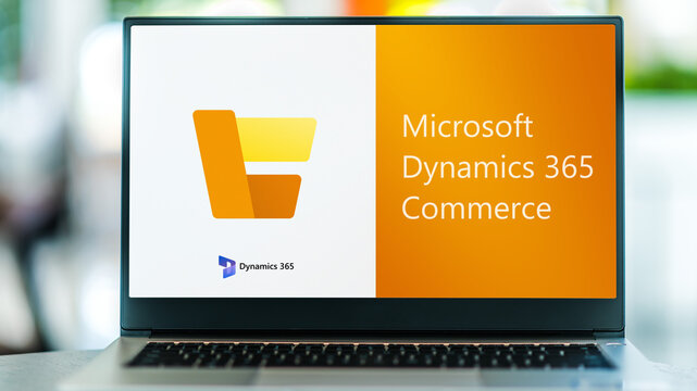 Computer displaying logo of Microsoft Dynamics 365 Commerce