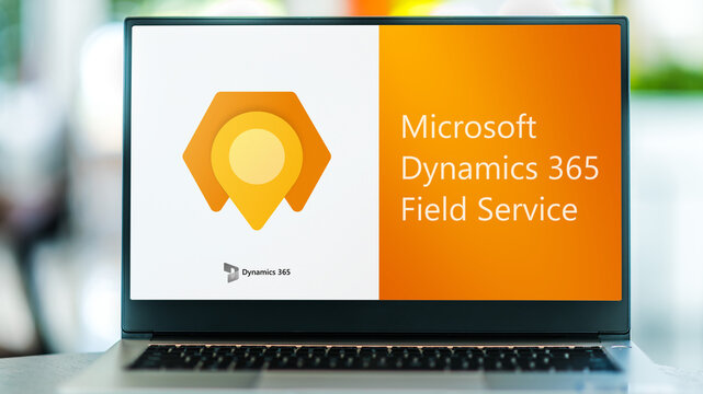 Laptop computer displaying logo of Microsoft Dynamics 365 Field Service