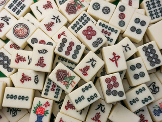 The mahjong on table ancient asian board game close up image