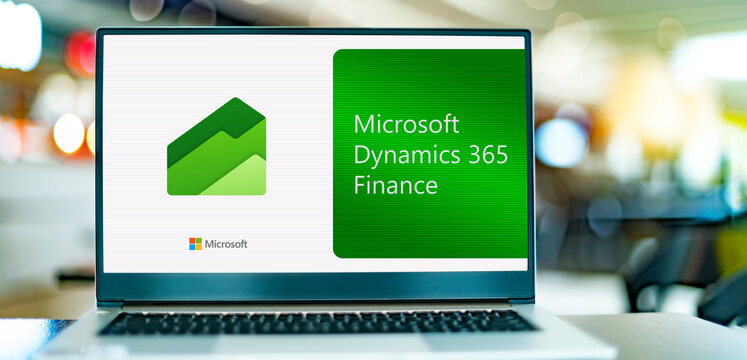 Computer Displaying Logo Of Microsoft Dynamics 365 Finance