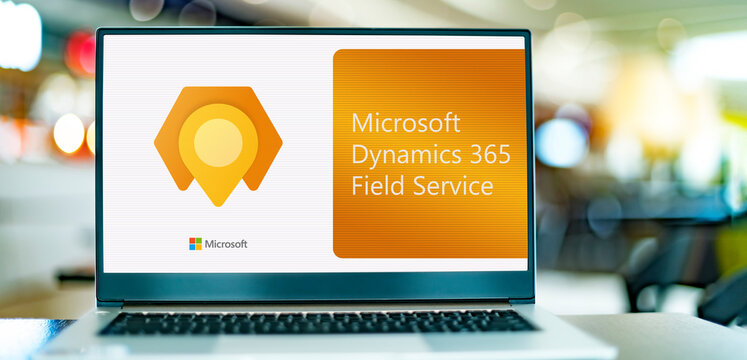 Laptop computer displaying logo of Microsoft Dynamics 365 Field Service