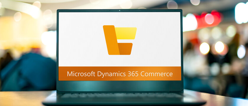 Computer displaying logo of Microsoft Dynamics 365 Commerce