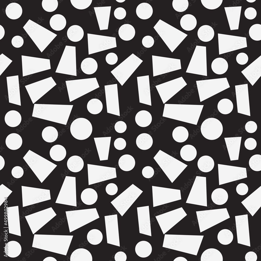 Poster The most common white rectangles and circles repeat seamlessly in the example. Vector seamless pattern with black background and primitive white rectangles or circles.