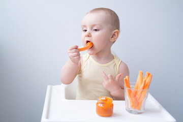 Fototapeta premium cute baby girl in yellow bodysuit sitting in childs chair eating carrot slices and vegetables purees