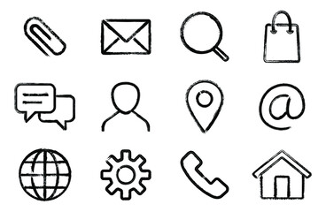 Web design vector brush stroke icons set: attachment, envelope, search, shopping bag, chat dialog, map pin, at email symbol, settings gear, globe planet, phone call sign, home page, my page.  Web icon