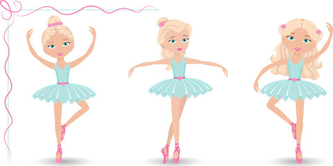 Vector set of three ballerinas in different poses and with different hairstyles