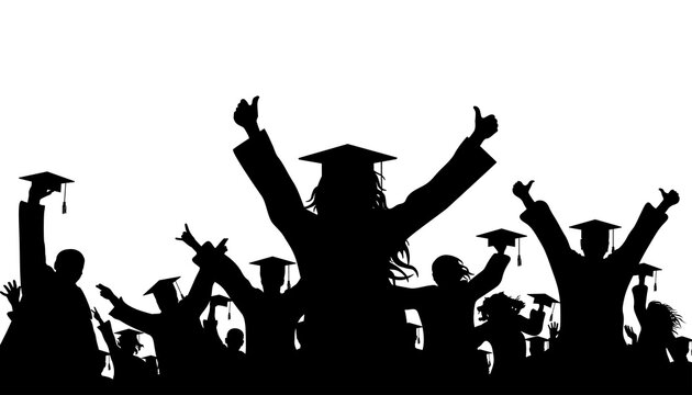 Happy graduates in graduation academic caps. Cheerful people silhouette. Graduation party. Vector  illustration.