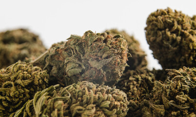Close up view of a pile of marijuana cannabis buds.