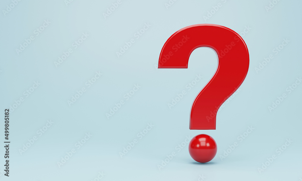 Poster 3d rendering, 3d illustration. red question marks icon on blue pastel background. faq and qa concept
