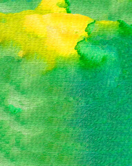 Hand drawn watercolor background. green color with yellow gradient. Texture of watercolor paper.
