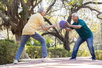 Two senior men having fun playing with ball at park
