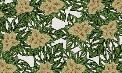 green tropical leaves spring pattern ,hand drawn illustration wallpaper background