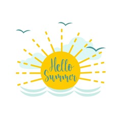 Hand drawn Hello Summer with doodle yellow sun, turquoise sea and blue clouds. Bright vector illustration. White background.