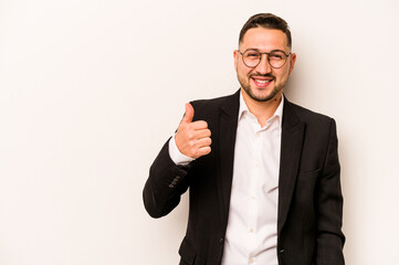 Business hispanic man isolated on white background smiling and raising thumb up