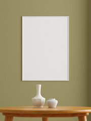 Minimalist vertical white poster or photo frame mockup on the wall in the living room. 3d rendering.