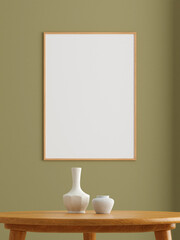 Minimalist vertical wooden poster or photo frame mockup on the wall in the living room. 3d rendering.