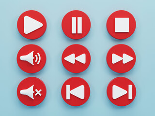 3d render 3d illustration. set of media player button icons on blue background.