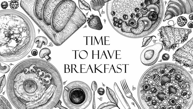 Set of vector breakfasts in engraving style. Fried eggs with bacon, tomatoes in a pan, pancakes, oatmeal with fruits, cornflakes with fruits, bread on the board, sandwiches, croissant, coffee, cutlery