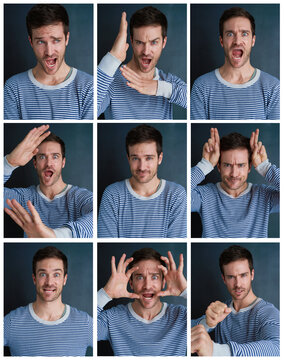 The Many Sides Of Me. Composite Shot Of A Young Man Pulling Funny Faces In Studio.