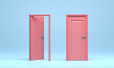 3D rendering, 3D illustration. Pink open door entrance in blue background room. minimal interior idea creative.