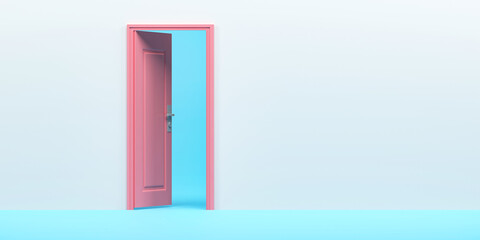 3D rendering, 3D illustration. Pink door Open entrance in blue background room. minimal interior idea creative.