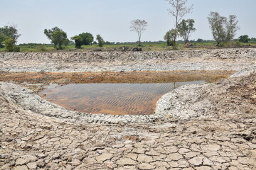 dry land on paddy filled and pool with less water in summer