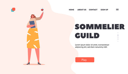 Sommelier Guild Landing Page Template. Female Character Tasting Wine Concept. Specialist with Beverage in Wineglass