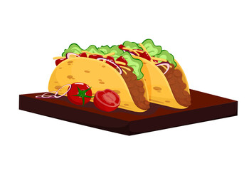 Mexican food tacos on a tray. Traditional tacos isolated on a white background. Half a tomato, tomato. Mexican cuisine, fast food. corn cake. Cartoon style. Vector illustration