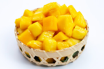 Tropical fruit, Mango cube slices on white background.