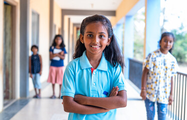 Smiling girl kid standing with crossed arms by looking at camera at school corridor - concept of education, back to school and development