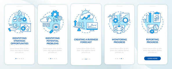 Business analyst responsibilities blue onboarding mobile app screen. Walkthrough 5 steps graphic instructions pages with linear concepts. UI, UX, GUI template. Myriad Pro-Bold, Regular fonts used
