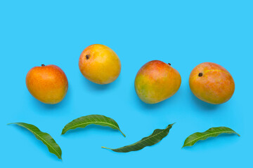 Tropical fruit, Mango on blue background. Top view