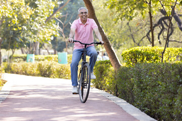 Cheerful senior man having fun riding bicycle at park